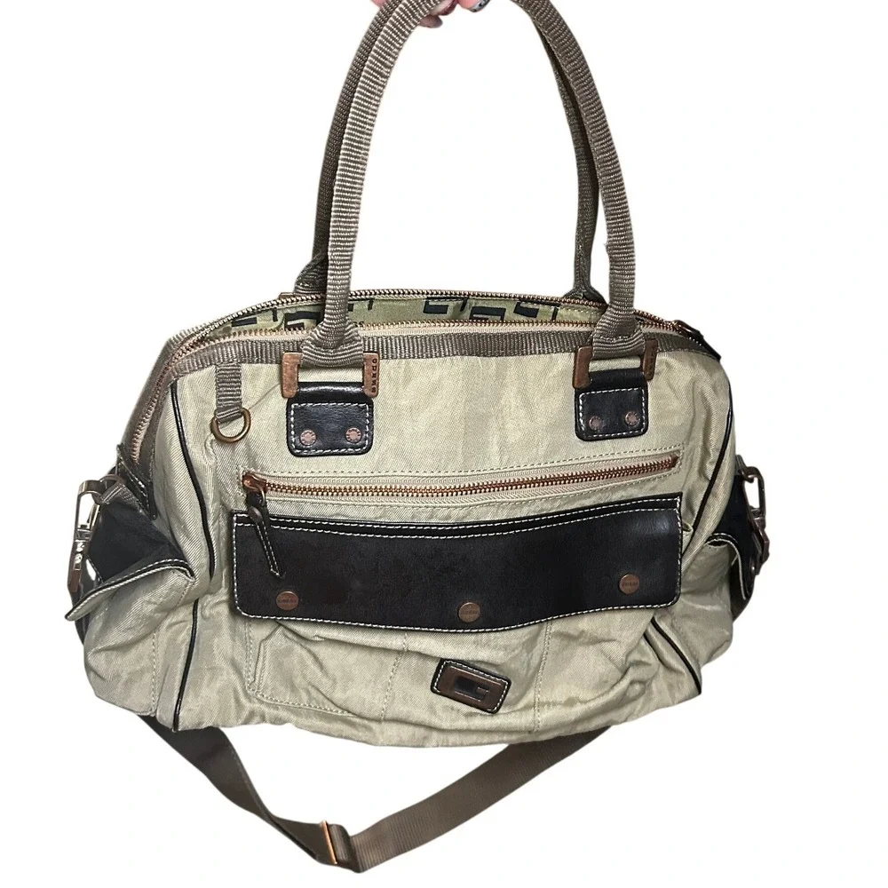 Rare Vintage Y2K Guess Canvas Handbag Beige/Tan Multi-Pocket Utility Cargo Purse